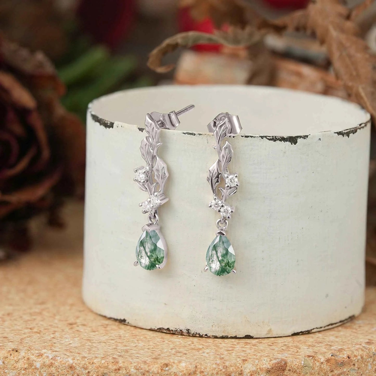 Pear Cut Moss Agate Leaf Inspired Mistletoe Earrings - GemsMagic