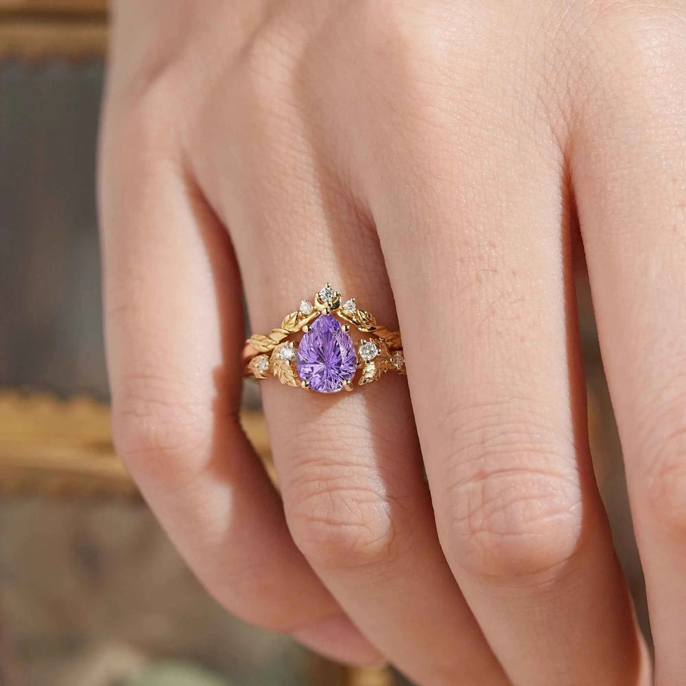 Pear Cut Purple Sapphire Sparkle Cut Leaf And Moon Inspired Bridal Ring Set - GemsMagic