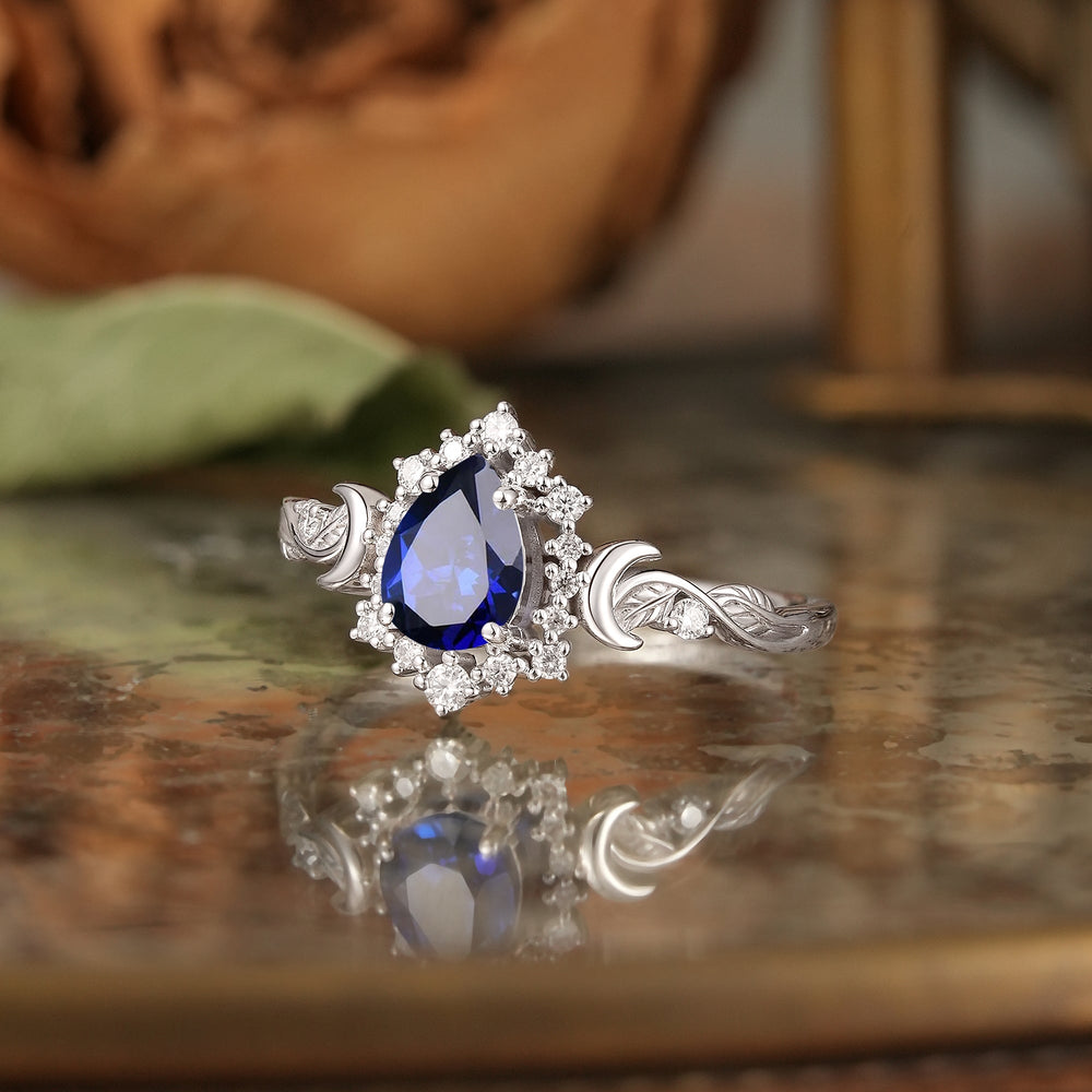 Pear Cut Royal Blue Sapphire Leaf And Moon Inspired Halo Engagement Ring - Luna | GemsMagic - GemsMagic