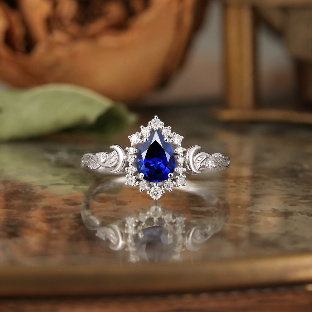 Pear Cut Royal Blue Sapphire Leaf And Moon Inspired Halo Engagement Ring - Luna | GemsMagic - GemsMagic