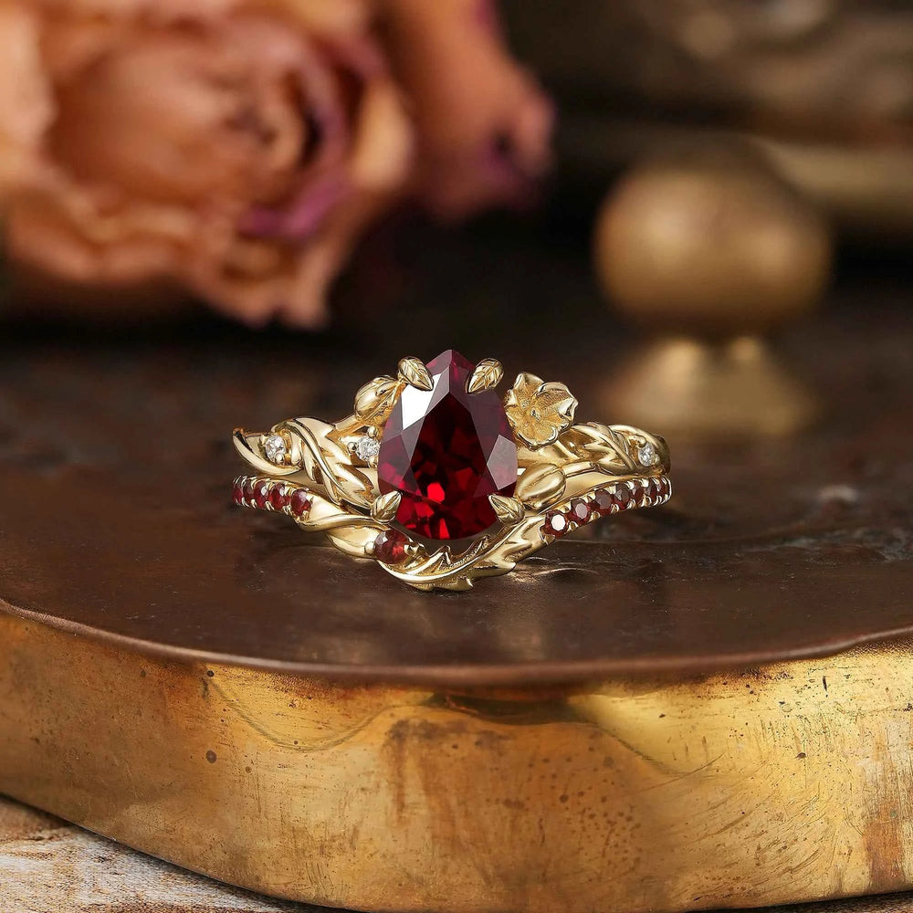 Pear Cut Ruby Nature Inspired Bridal Ring Set - Annabelle - GemsMagic