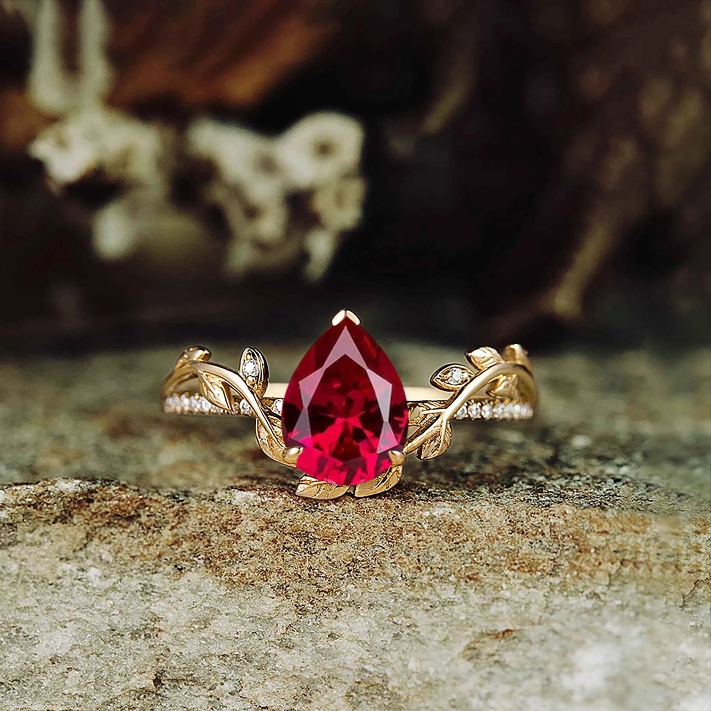 Pear Cut Ruby Nature Inspired Engagement Ring - GemsMagic