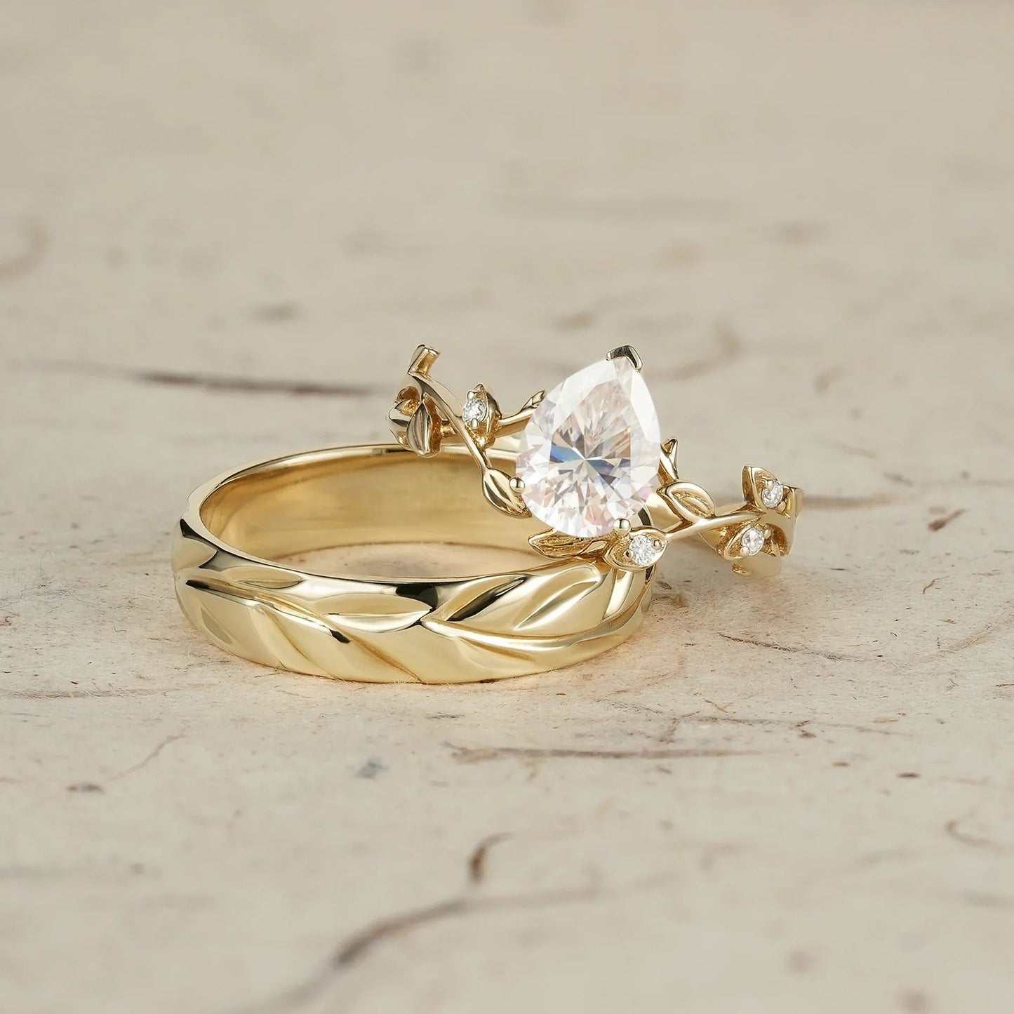 Pear - Cut Vine and Leaf Gold Couple’s Ring Set - Bound by Love - GemsMagic