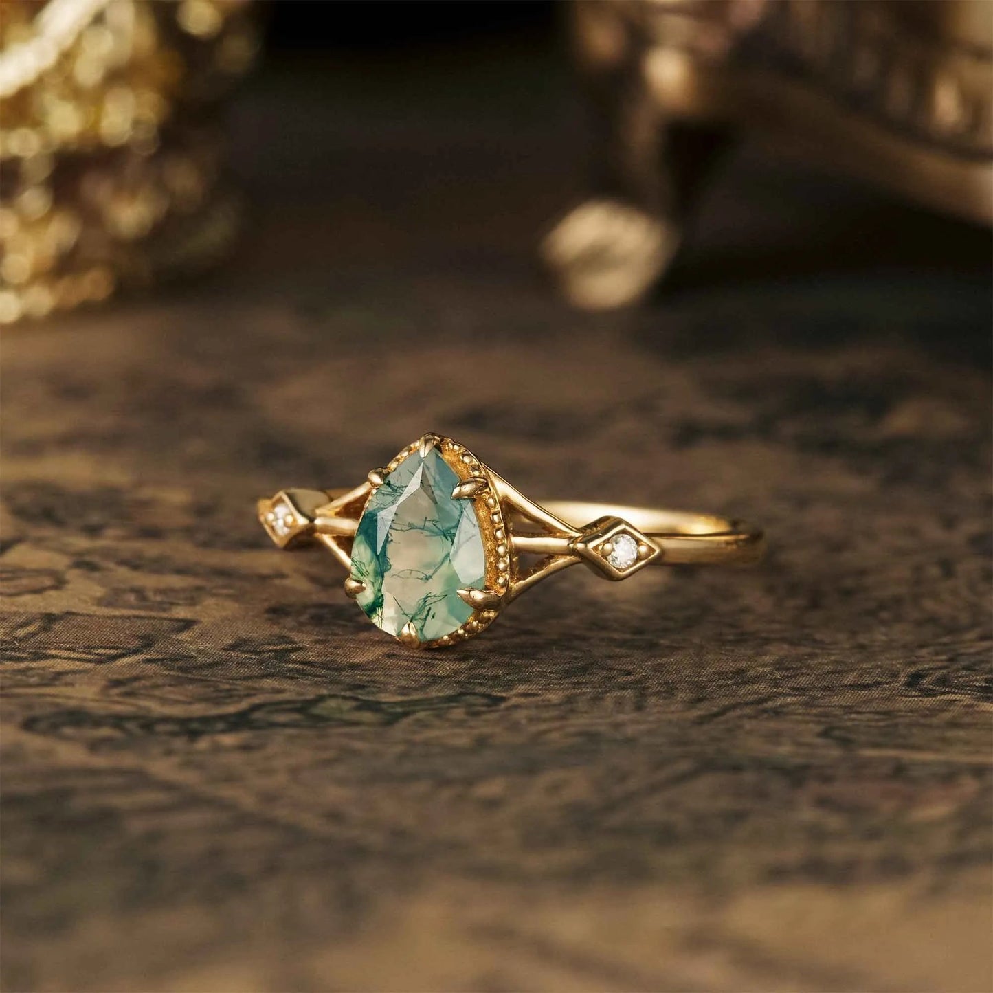 Pear Dainty Moss Agate Engagement Ring - GemsMagic - GemsMagic