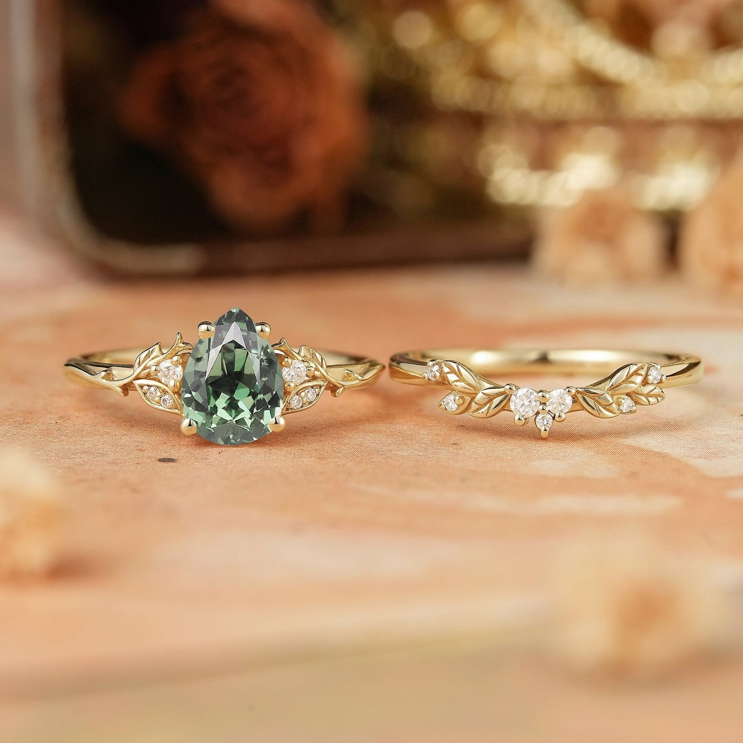 Pear Green Sapphire Leaf Inspired Bridal Ring Set - GemsMagic - GemsMagic