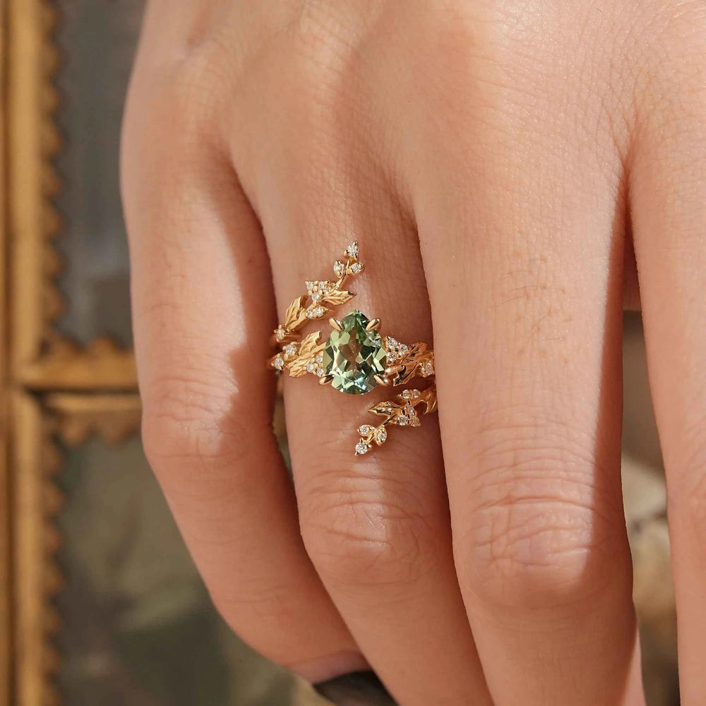 Pear Green Sapphire Nature Inspired Bridal Enhancer Ring Set Mistletoe Ring Set 2pcs - GemsMagic