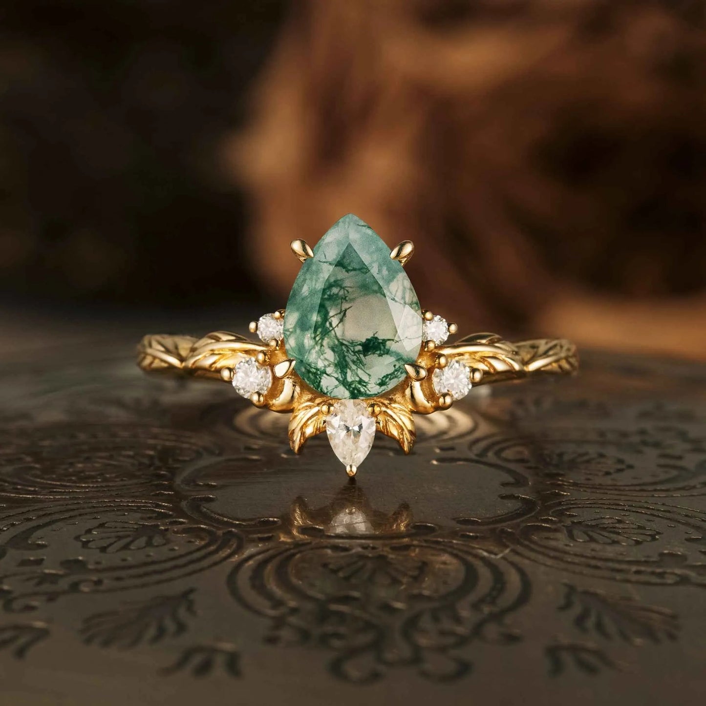 Pear Moss Agate Leaf Engagement Ring - GemsMagic - GemsMagic