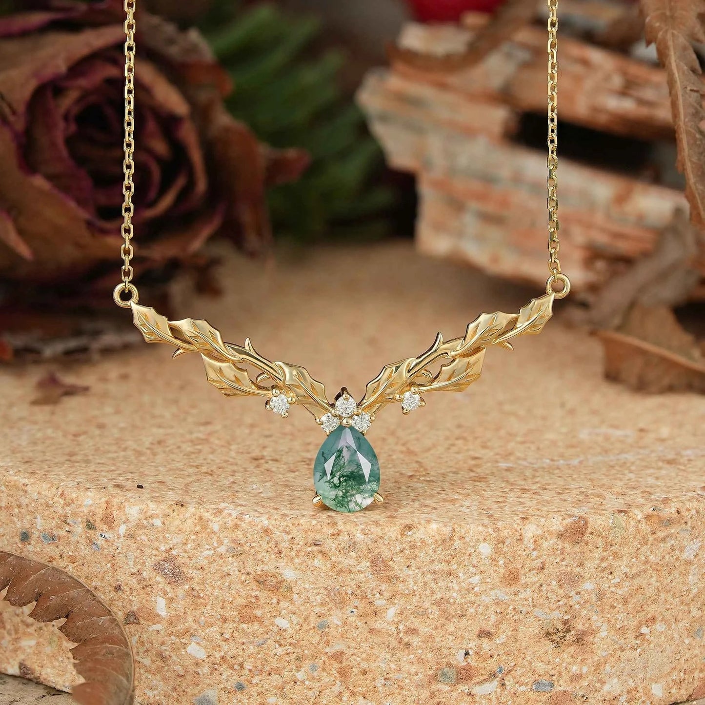 Pear Moss Agate Leaf Inspired Mistletoe Necklace Gift For Her - GemsMagic