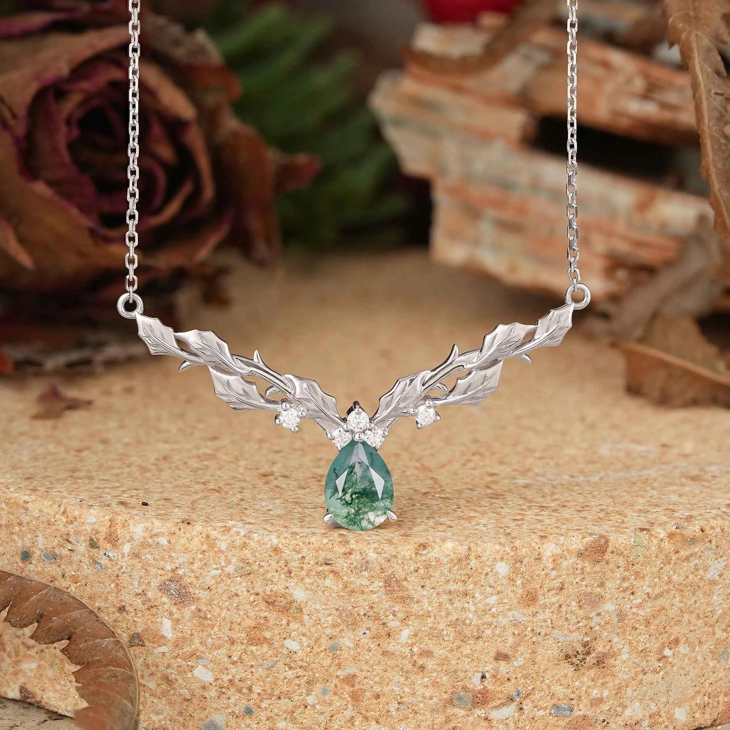 Pear Moss Agate Leaf Inspired Mistletoe Necklace Gift For Her - GemsMagic