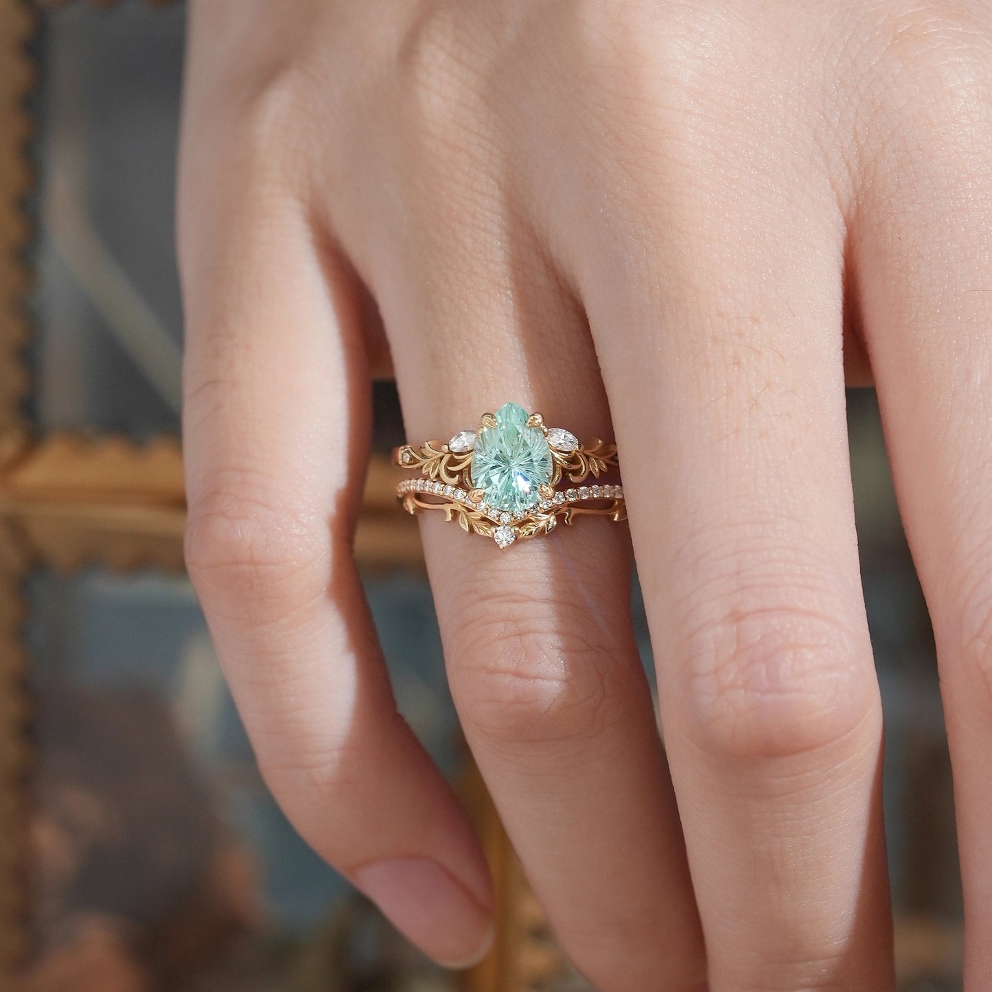 Pear Shaped Green Sapphire Sparkle Cut Nature Inspired Olive Leaf Bridal Set - GemsMagic - GemsMagic