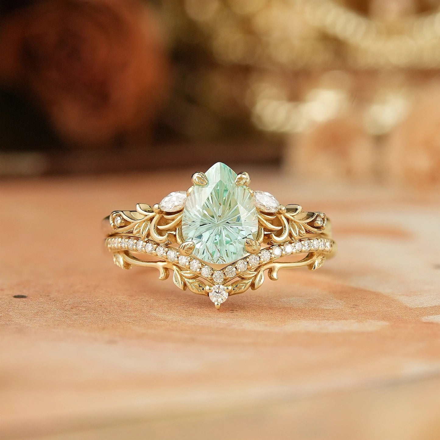 Pear Shaped Green Sapphire Sparkle Cut Nature Inspired Olive Leaf Bridal Set - GemsMagic - GemsMagic