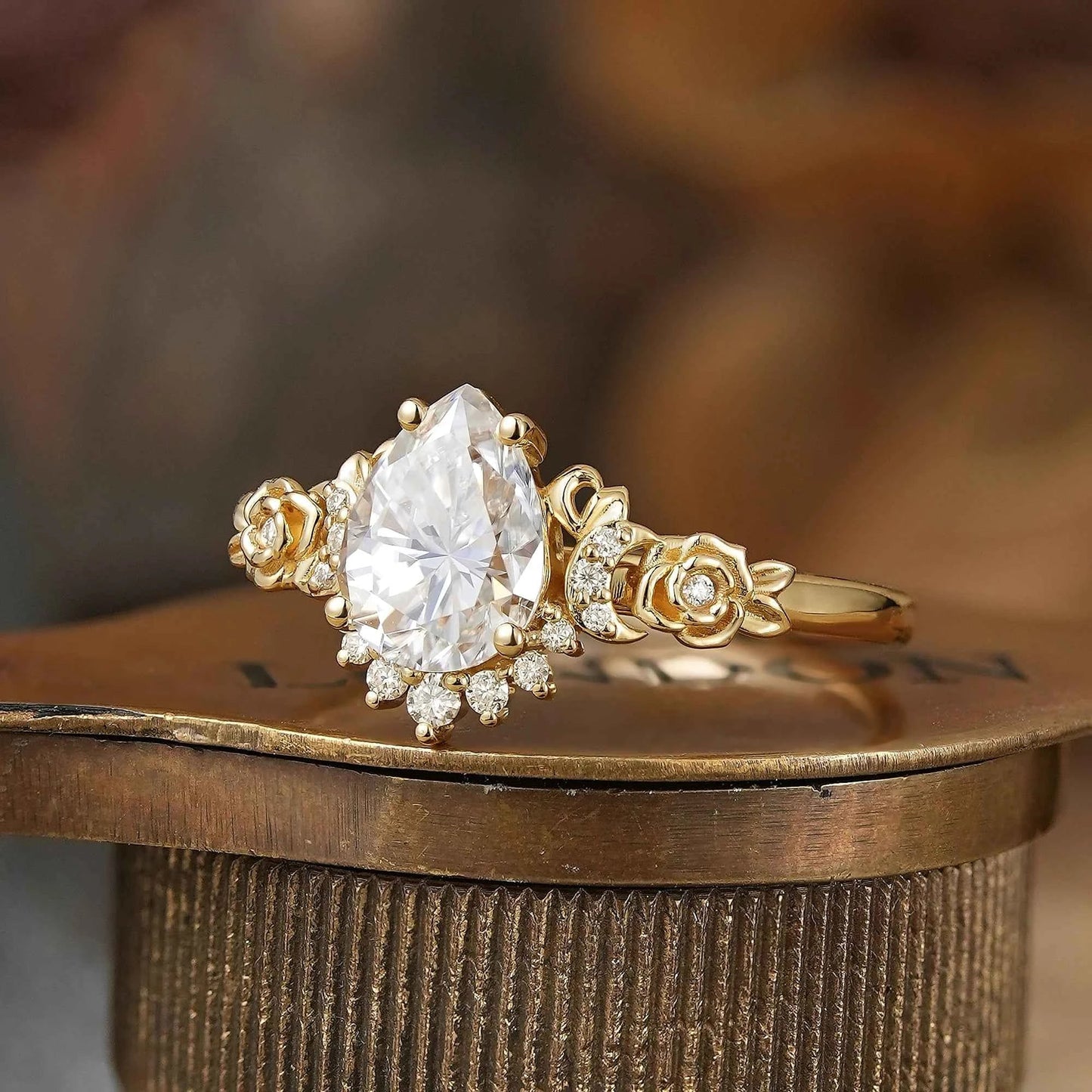 Pear - Shaped Moissanite Moon Inspired Ring Rose Blossom Engagement Ring - GemsMagic