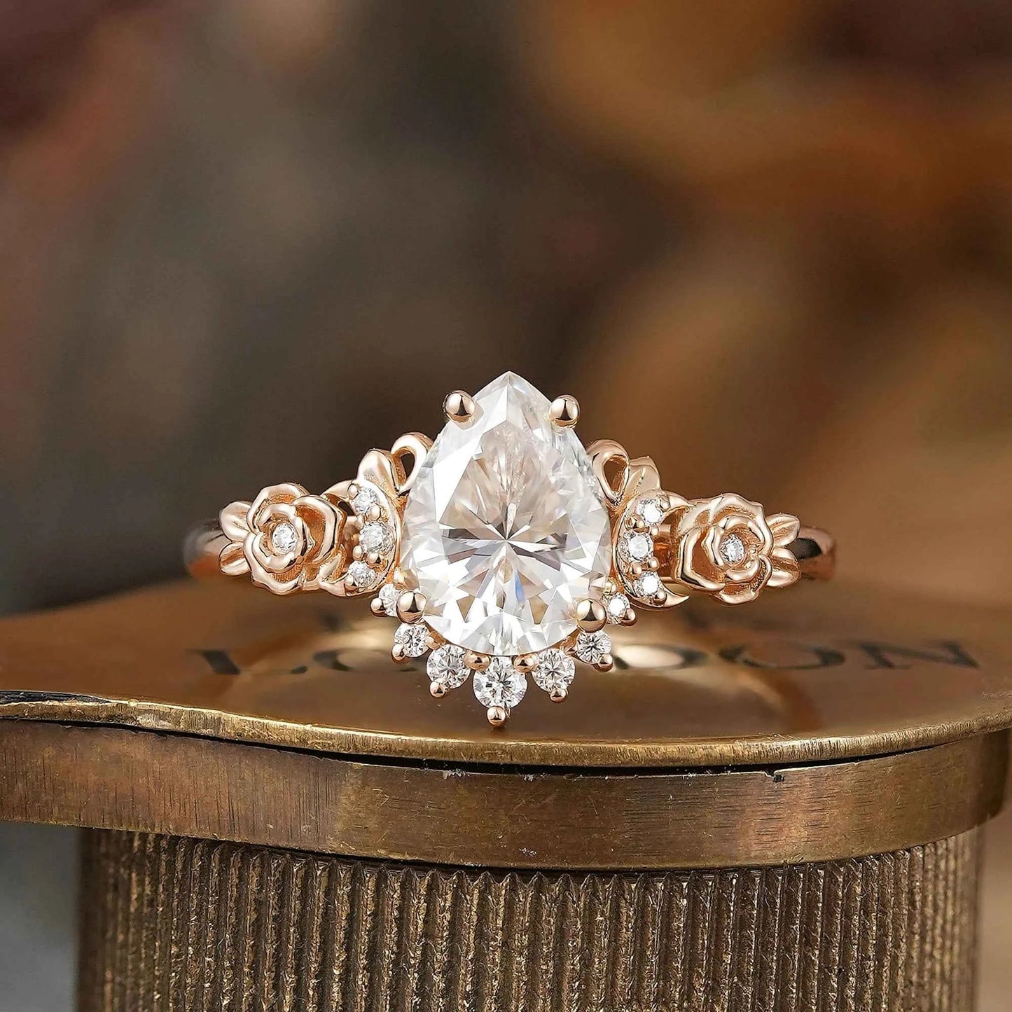 Pear - Shaped Moissanite Moon Inspired Ring Rose Blossom Engagement Ring - GemsMagic