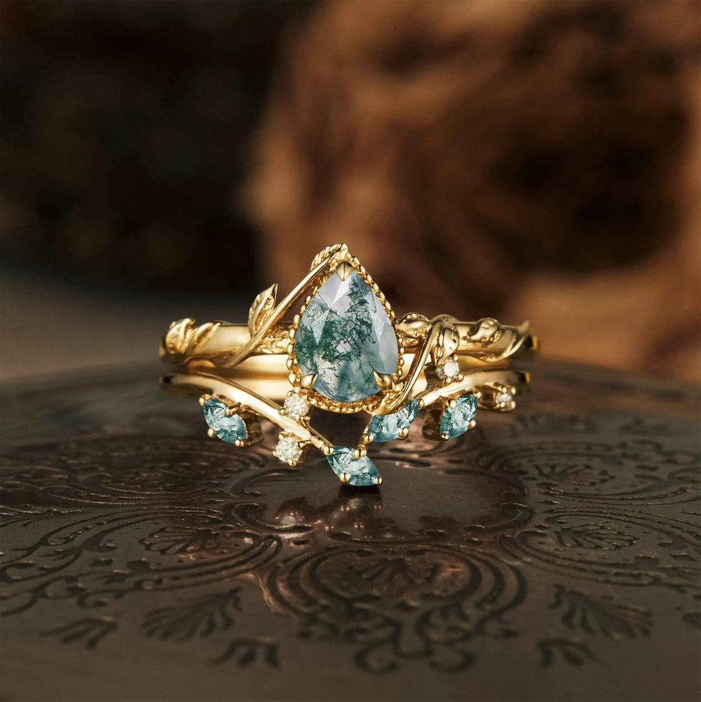 Pear Shaped Moss Agate Cluster Leaf Engagement Ring Set 2pcs - GemsMagic