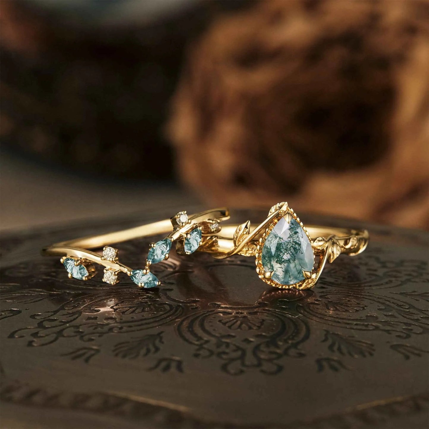 Pear Shaped Moss Agate Cluster Leaf Engagement Ring Set 2pcs - GemsMagic - GemsMagic