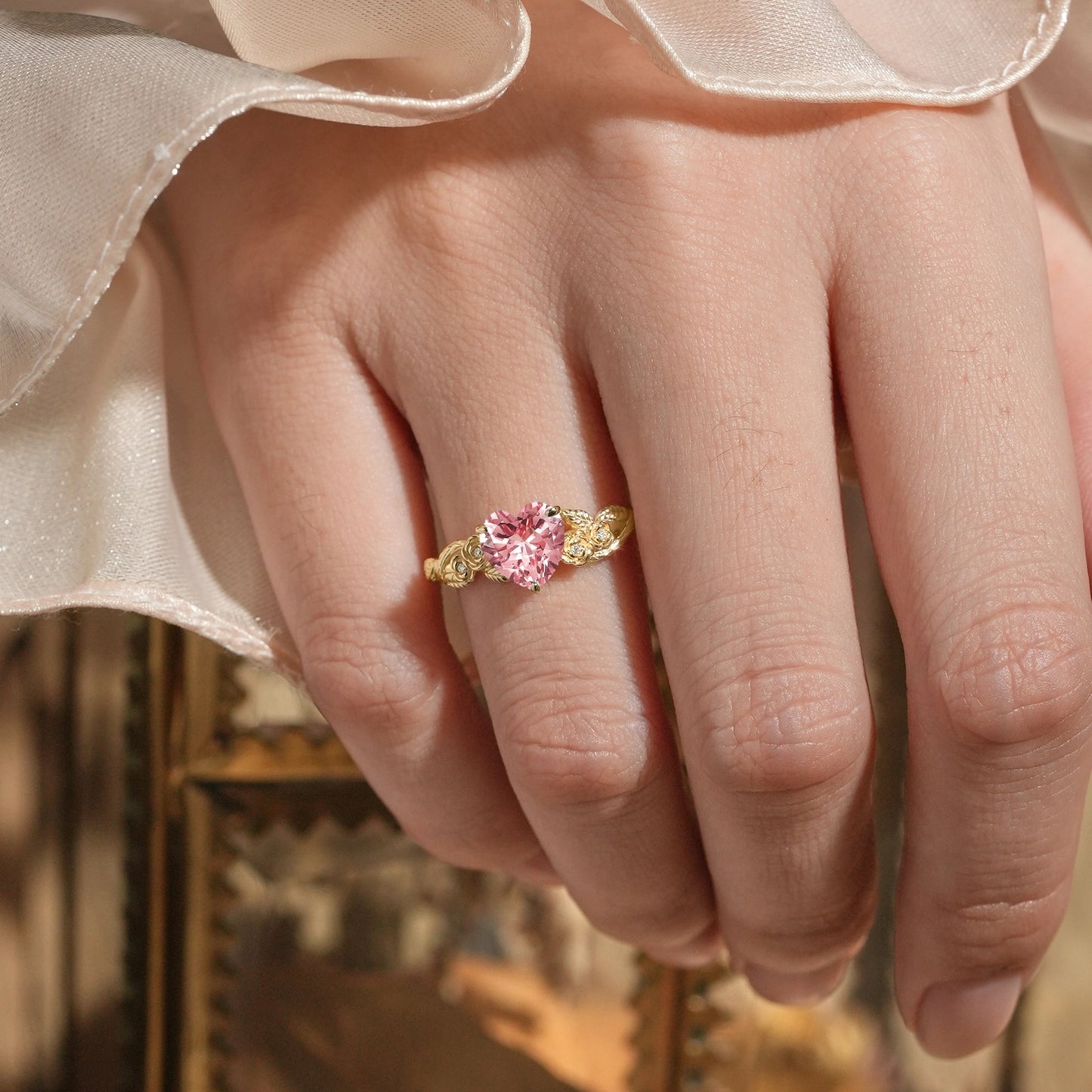 pink Heart Shaped Padparadscha rose flower Engagement Ring - Ivy - GemsMagic