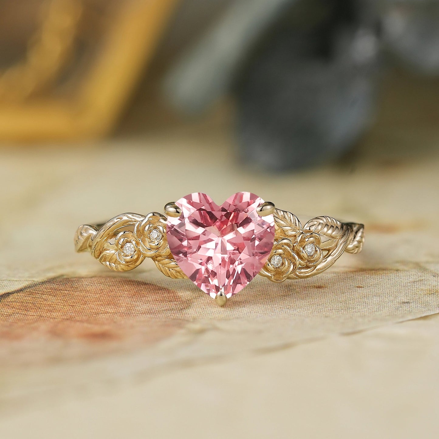pink Heart Shaped Padparadscha rose flower Engagement Ring - Ivy - GemsMagic
