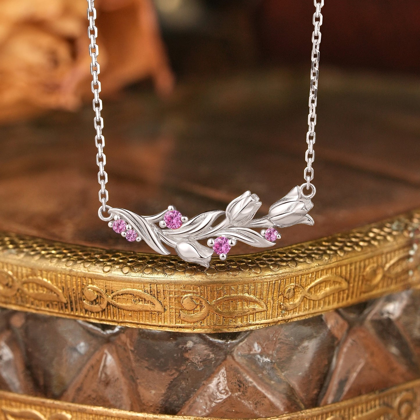 Pink Sapphire Lily of the Valley Flower Inspired Necklace - Liliana | GemsMagic - GemsMagic