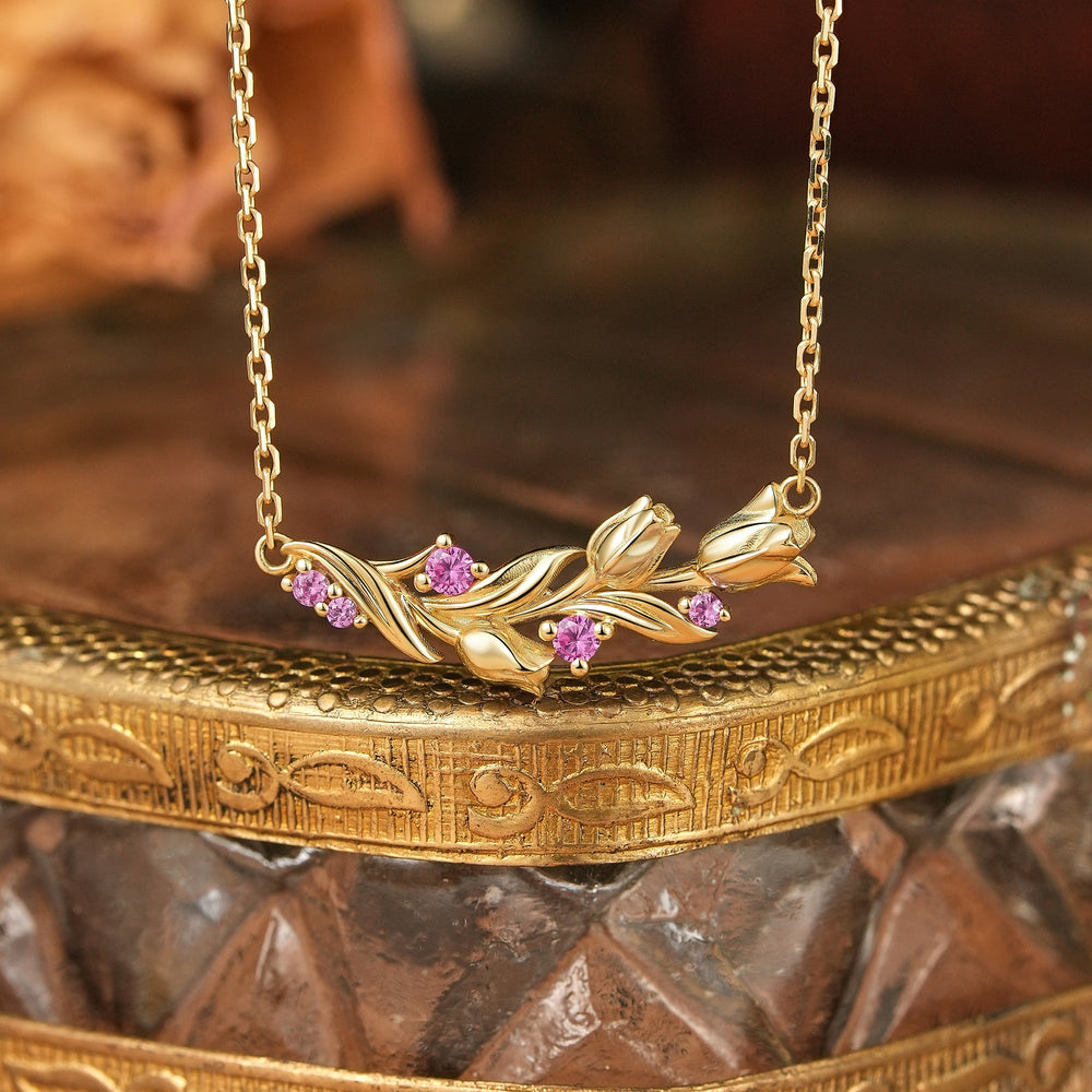 Pink Sapphire Lily of the Valley Flower Inspired Necklace - Liliana | GemsMagic - GemsMagic