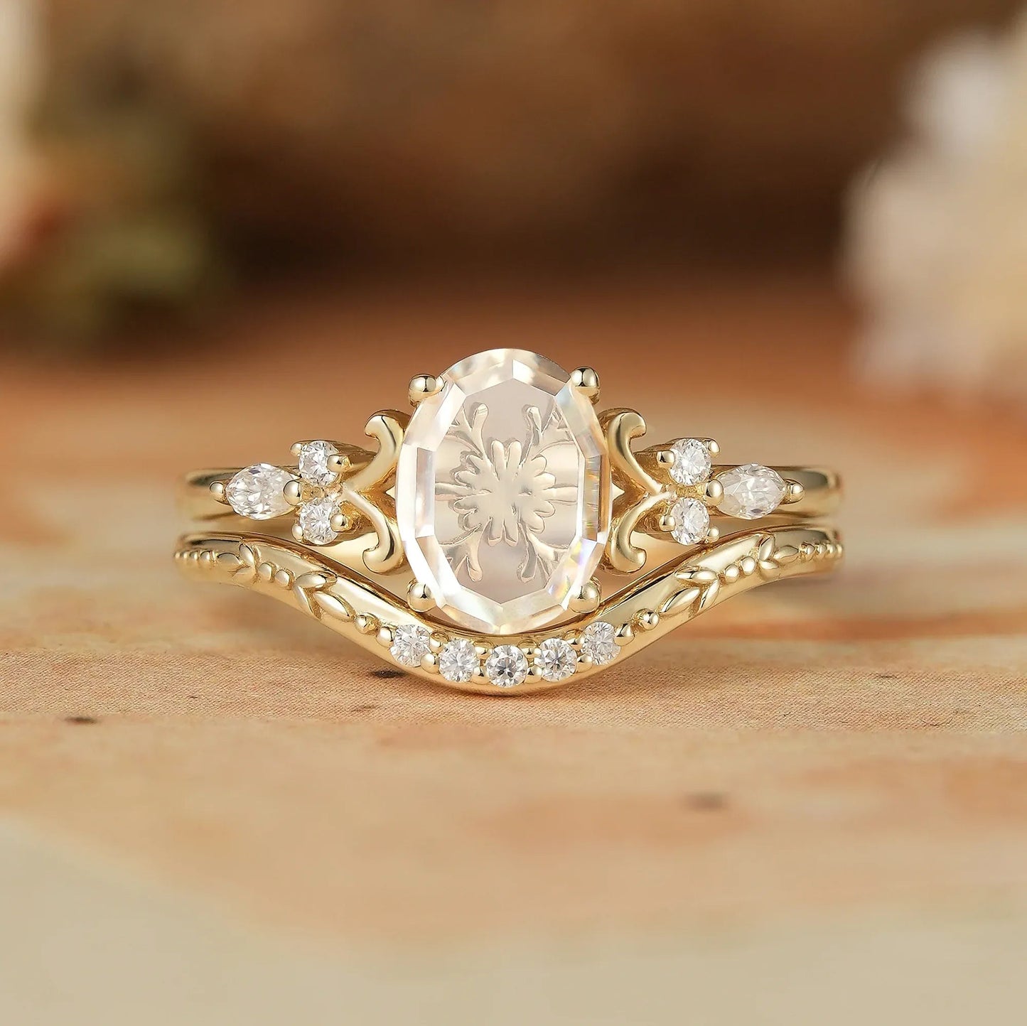 Portrait - cut Moissanite Engagement Ring Set 2pcs - Calliope - GemsMagic - GemsMagic