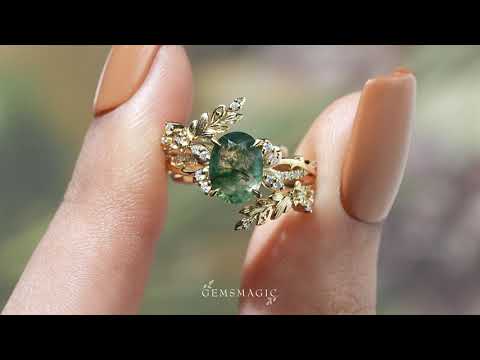 Oval Moss Agate Nature Inspired Enhancer Ring Bridal Set - Arwen