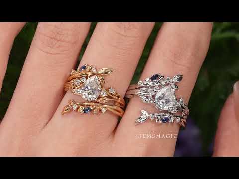 Nature Inspired- Moissanite Leaf Ring Set with Sapphire-Willow