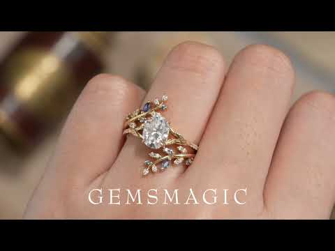 Load and play video in Gallery viewer, GemsMagic Oval Moissanite Half Eternity Leaf Engagement Ring Set 2pcs - Aphrodite
