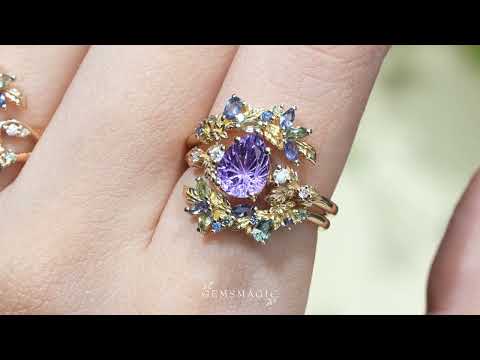 Sparkle Cut Pear Purple Sapphire Leaf Inspired Whimsical Bridal Ring Set With Ring Enhancer - Virelia | GemsMagic
