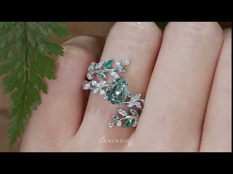 Aphrodite's Enchanted Vine| Green Sapphire Cross Leaf Ehancer Ring Set - Leah