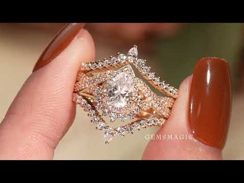 Gorgeous Pear Cut Moissanite Halo Engagement Ring Set 3pcs - Amaryllis - GemsMagic