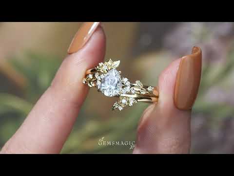 Rose Blossom: Pear Cut Moissanite Leaf Ring Set | Jade