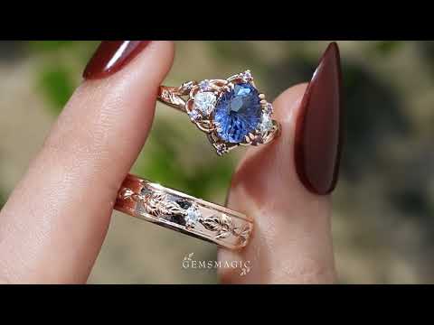 1.75ct 3-Stone Sparkle-cut Cornflower Sapphire Couple Ring Set-Luna/Sol