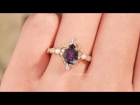 Pear Cut Alexandrite Milgrain Vintage Engagement Ring