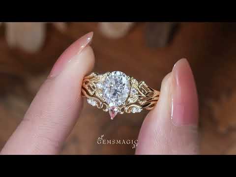 Oval Cut Moissanite Leaf Inspired Ring Set Pink Sapphire Fairy Bridal Ring Set - Eira | GemsMagic