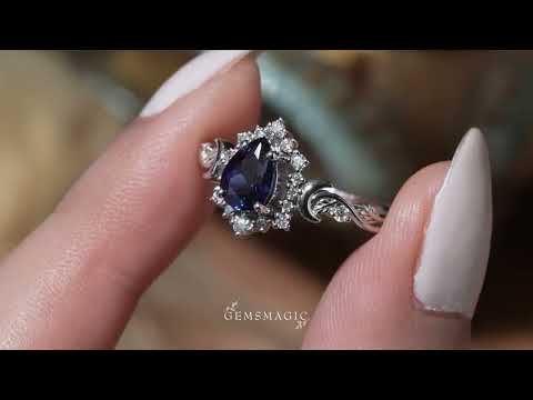 Pear Cut Royal Blue Sapphire Leaf And Moon Inspired Halo Engagement Ring - Luna | GemsMagic