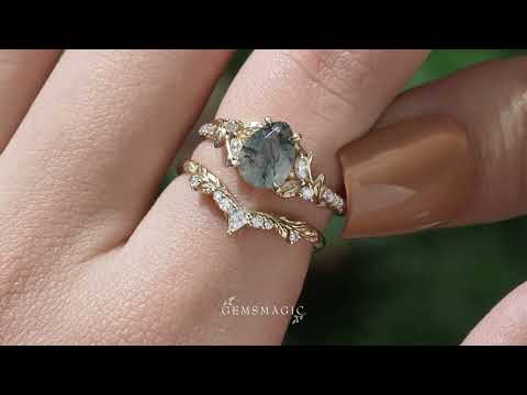 Pear Cut Moss Agate Leaf Inspired Bridal Ring Set - Holly