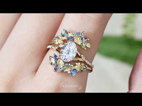 Oval Cut Moissanite Leaf Inspired Whimsical Bridal Ring Set With Ring Enhancer - Valleria | GemsMagic