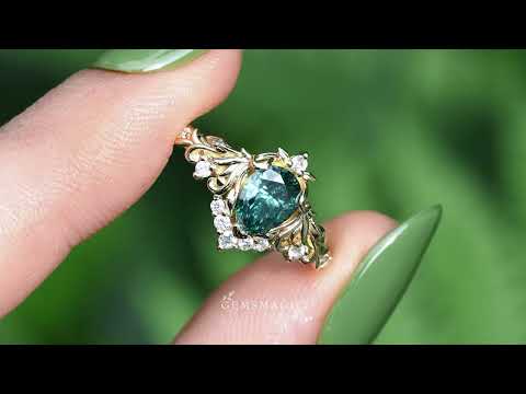 Pear Green Moissanite Art Nouveau Engagement Ring With Moonstone - Calyra | GemsMagic