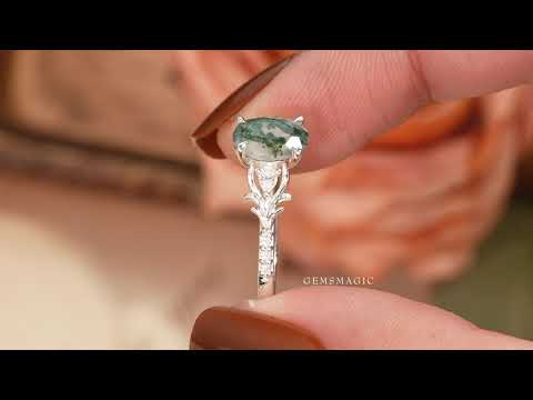 Oval Moss Agate Stag Inspired Bark Textured Engagement Ring Elven Ring