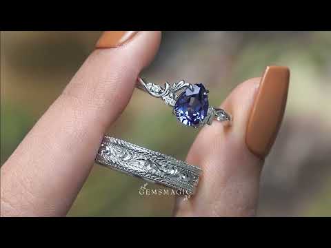 Pear Cut Cornflower Sappire Vine Inspired Milgrain Couple Wedding Ring Set - Cassiopeia & Bradley
