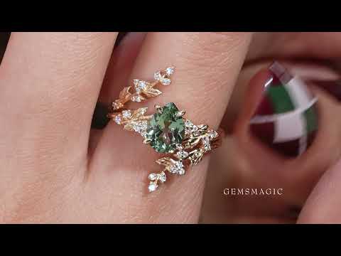 Pear Green Sapphire Nature Inspired Bridal Enhancer Ring Set Mistletoe Ring Set 2pcs