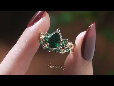 Pear Cut Emerald Sparkle Cut Fairy Halo Leaf Inspired Bridal Ring Set - Vivienne | GemsMagic