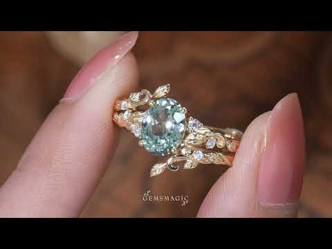 Oval Cut Green Sapphire Leaf Inspired Bridal Ring Set With Ring Enhancer - Meadow | GemsMagic