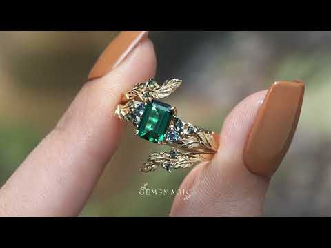 Emerald Cut Emerald Leaf Enhancer Ring Nature Inspired Bridal Ring Set 2pcs - Megan