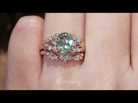 Oval Green Sapphire & Moissanite Ring Set 2pcs-Kairi