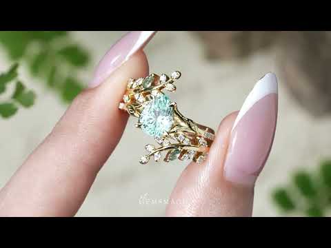 Sparkle Cut Pear Green Sapphire Enchanted Vine Leaf Inspired Bridal Ring Set With Ring Enhancer - Veridia | GemsMagic