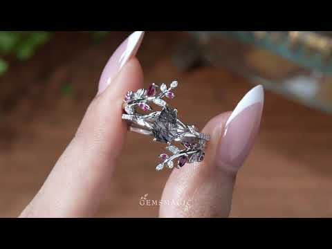 Coffin Cut Black Rutilated Quartz Engagement Ring Set