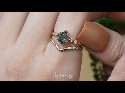 Pear Dainty Moss Agate&Moissanite  Engagement Ring Set 2pcs - GemsMagic