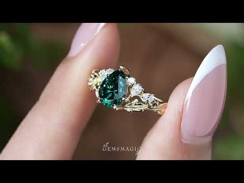 Nature Inspired Pear Cut Green Moissanite Leaf And Flower Engagement Ring - Rosalie | GemsMagic