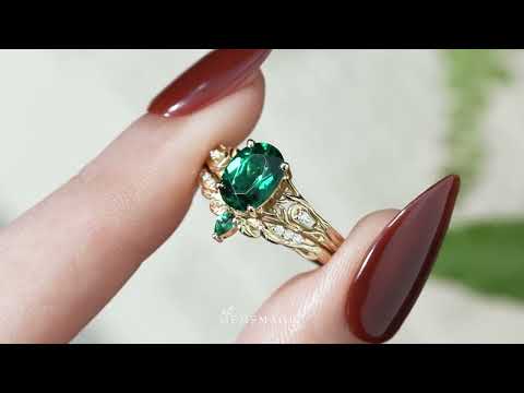 Nature Inspired Oval Cut Emerald Leaf Bridal Ring Set - Amalthea | GemsMagic